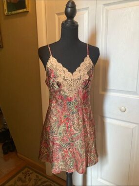 Lace-Trim Paisley Satin Chemise Slip - Red, Green and ivory
